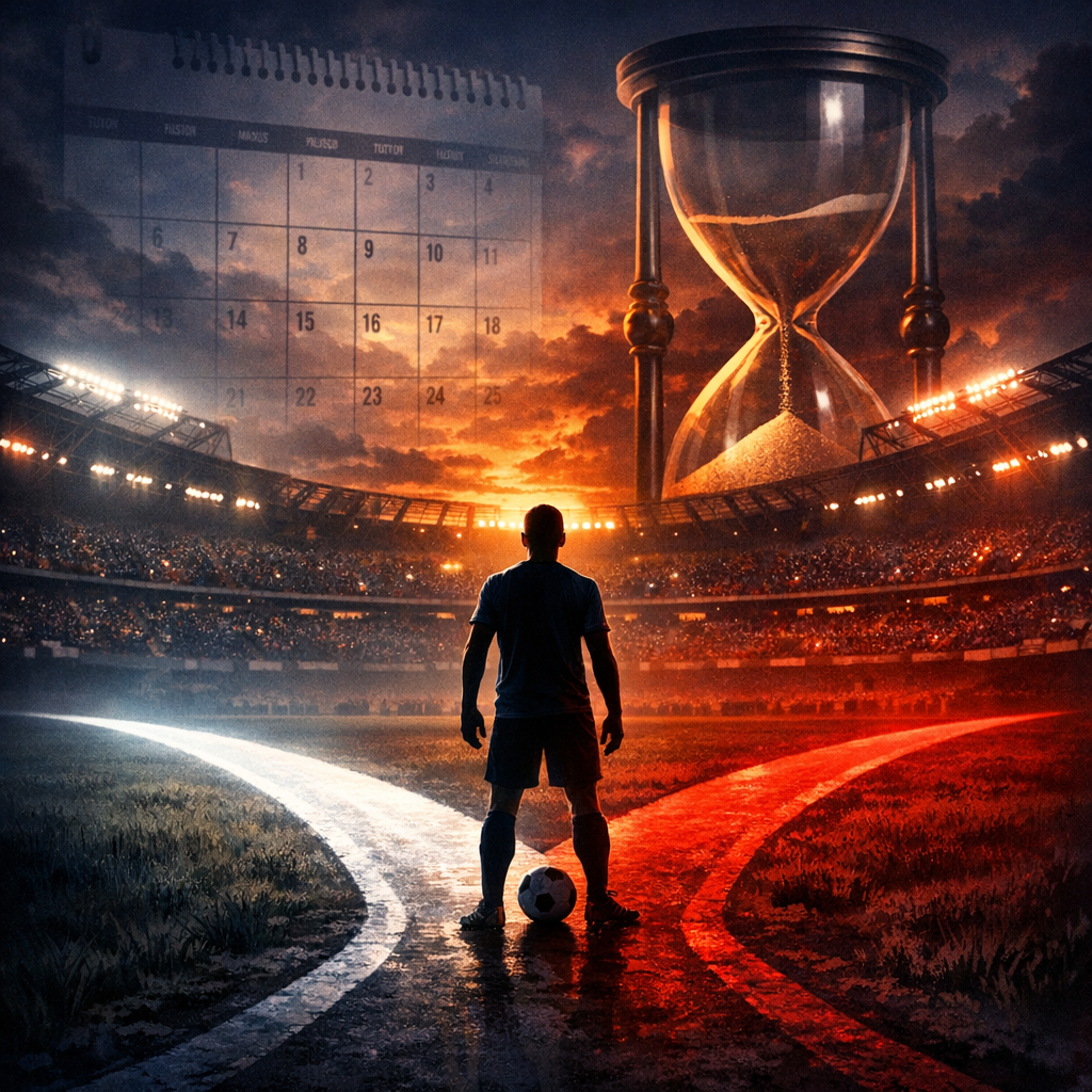 Ilustrasi pemain sepak bola di persimpangan jalan melambangkan drama transfer musim panas 2026