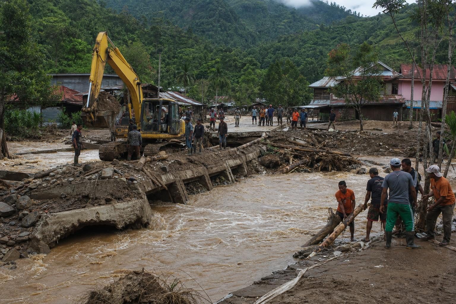 Foto banjir aceh tenggara dengan alat berat dan petugas BPBA menangani tanggul jebol