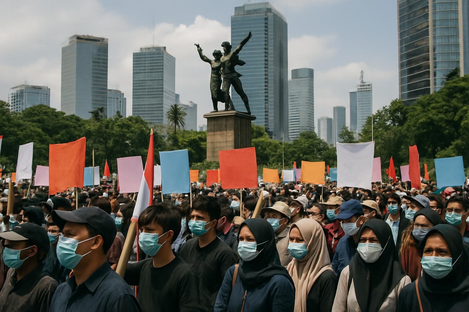aksi dua tahun prabowo gibran di Tugu Tani Jakarta dengan spanduk dan massa