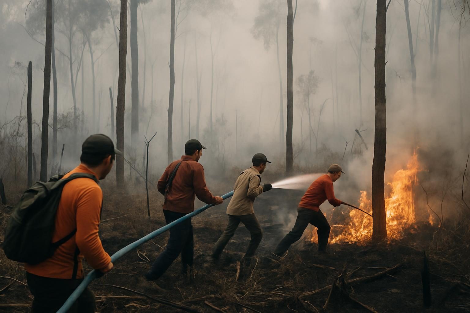 Kebakaran hutan 2026 di Indonesia dengan relawan memadamkan api dan kabut asap tebal