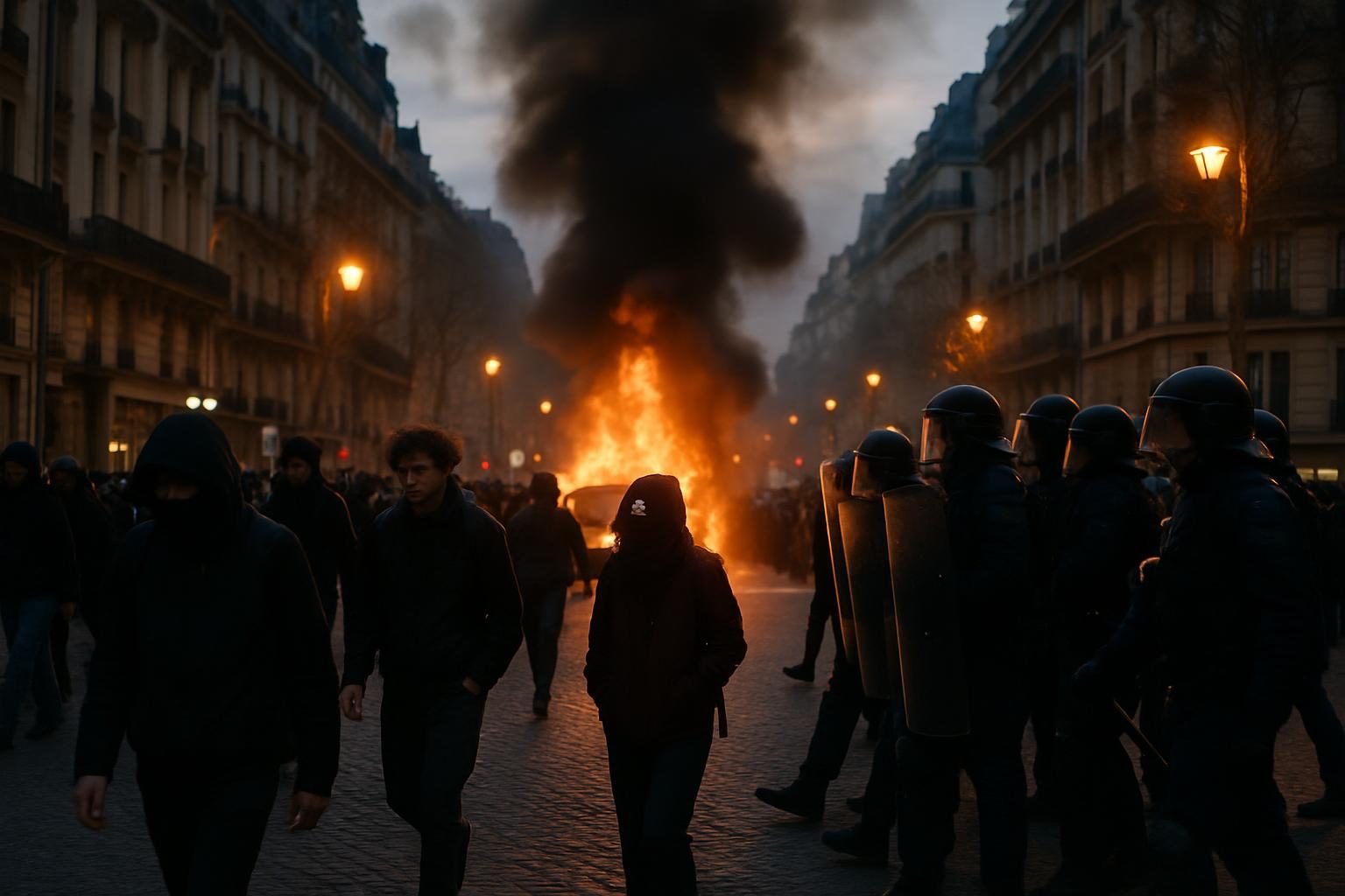 kerusuhan prancis 2026 di jalanan Paris dengan demonstran dan polisi