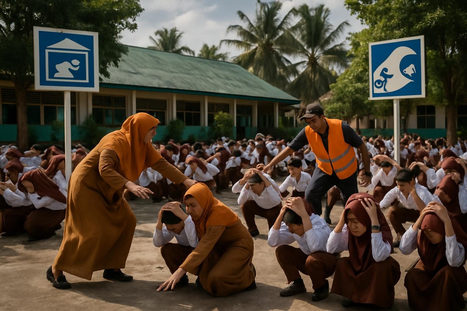 Simulasi mitigasi bencana Aceh di sekolah dasar dengan siswa dan guru