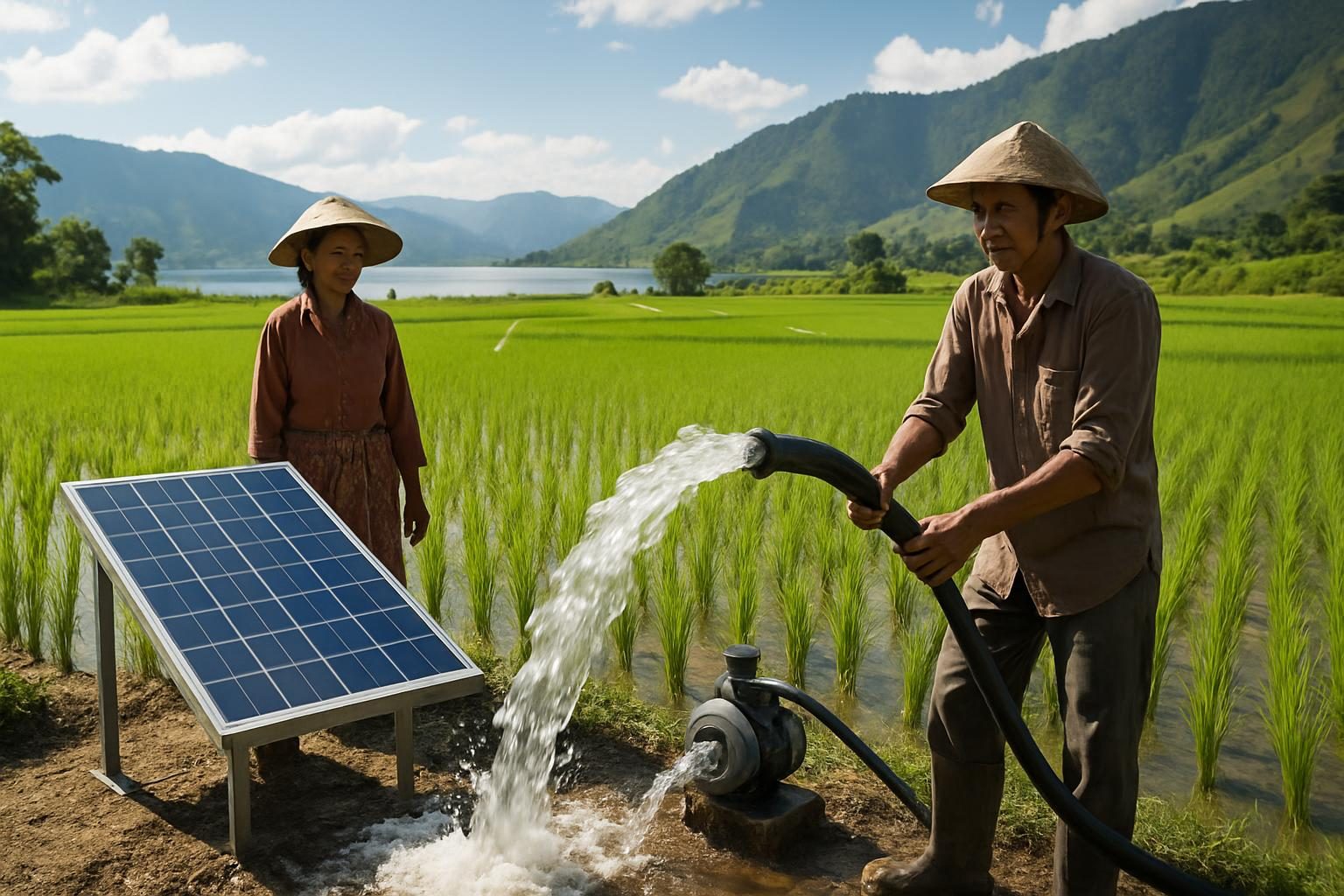 petani Samosir menggunakan pompa air tenaga surya untuk irigasi sawah