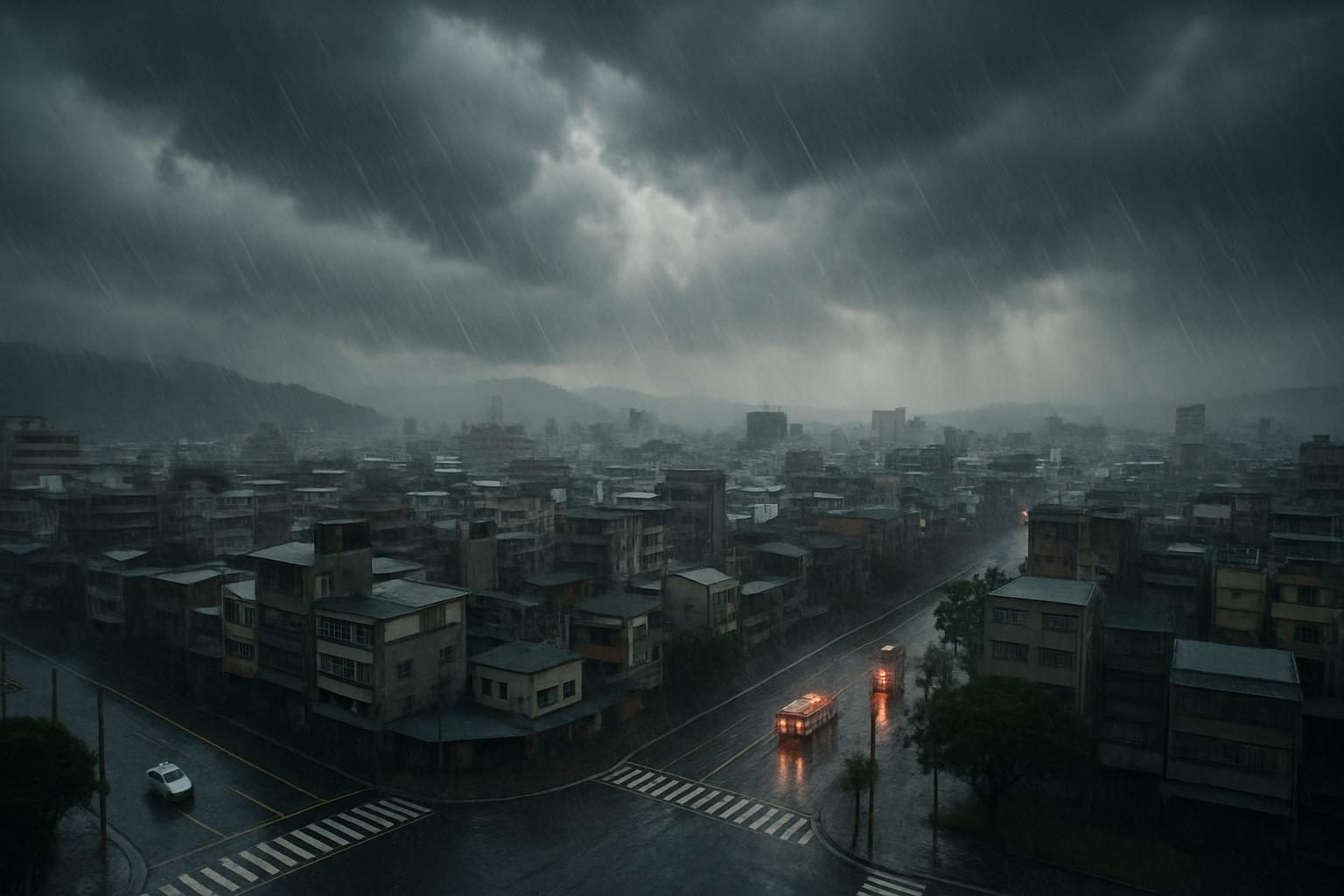 Kondisi topan champi jepang taiwan dengan hujan deras dan angin kencang